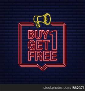 Buy 2 Get 1 Free, sale tag, banner design template. Neon icon. Vector stock illustration. Buy 2 Get 1 Free, sale tag, banner design template. Neon icon. Vector stock illustration.