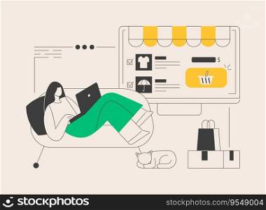 Buy abstract concept vector illustration. Website menu bar, e-commerce business, online shopping, product in stock, retail store, shopping list, user account worldwide delivery abstract metaphor.. Buy abstract concept vector illustration.