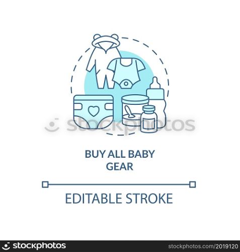 Buy all baby gear blue concept icon. Preparing for baby abstract idea thin line illustration. Kids clothing. Newborn essentials. Vector isolated outline color drawing. Editable stroke. Buy all baby gear blue concept icon