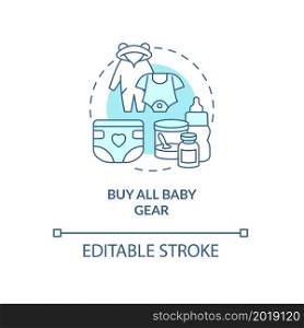 Buy all baby gear blue concept icon. Preparing for baby abstract idea thin line illustration. Kids clothing. Newborn essentials. Vector isolated outline color drawing. Editable stroke. Buy all baby gear blue concept icon