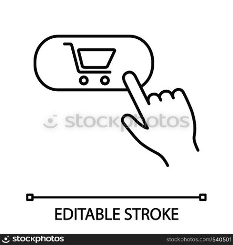 Buy button linear icon. Thin line illustration. Add to cart. Online shopping. Digital purchase. Contour symbol. Vector isolated outline drawing. Editable stroke. Buy button linear icon