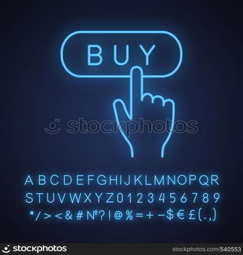 Buy button neon light icon. Add to cart. Online shopping. Digital purchase. Glowing sign with alphabet, numbers and symbols. Vector isolated illustration. Buy button neon light icon