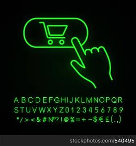Buy button neon light icon. Glowing sign with alphabet, numbers and symbols. Add to cart. Online shopping. Digital purchase. Vector isolated illustration. Buy button neon light icon