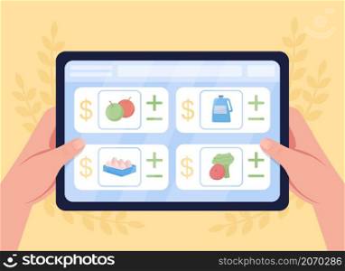 Buy food online flat color vector illustration. Choosing food to add to cart. Internet service for shop. Tablet with market products list 2D cartoon first view hand with abstract on background. Buy food online flat color vector illustration