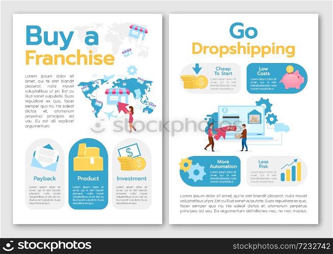 Buy franchise brochure template. Go dropshipping. Startup strategy. Flyer, booklet, leaflet concept, flat illustrations. Vector page cartoon layout for magazine. advertising invitation with text space. Buy franchise brochure template