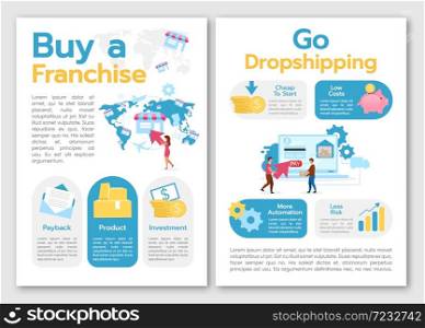 Buy franchise brochure template. Go dropshipping. Startup strategy. Flyer, booklet, leaflet concept, flat illustrations. Vector page cartoon layout for magazine. advertising invitation with text space. Buy franchise brochure template
