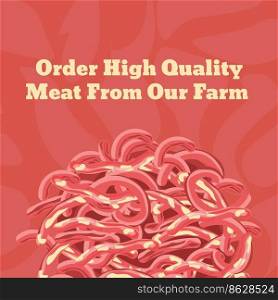 Buy high quality meat∏uct from our farm. Tasty raw ingredients for dishes and meal, butchery shop store with assortment of food. Promotional ban≠r or advertisement poster. Vector in flat sty≤. Order high quality meat from our farm, ban≠r