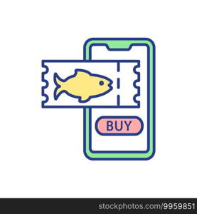 Buy lease pond ticket for fishing RGB color icon. Purchase aquarium access online. Aquafarming business. Internet retail. Freshwater fish. Seafood sale. Isolated vector illustration. Buy lease pond ticket for fishing RGB color icon