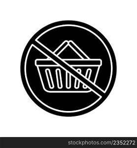 Buy less food products black glyph icon. Avoid overconsumption. Sustainable consumption. Grocery basket. Silhouette symbol on white space. Solid pictogram. Vector isolated illustration. Buy less food products black glyph icon