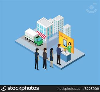 Buy new model 3d isometric design. Model tablet, new tablet, people buy technology, buying or shopping, screen new tablet, purchase retail market, buyer or consumer, smart touch tablet illustration