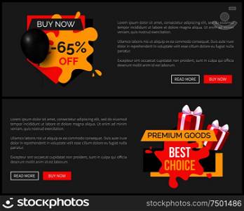 Buy now 65 percent discount, shop and store sale vector web site template. Landing page with text, inflatable balloon, commerce trading business promo. Buy Now 65 Percent Discount Shop Store Sale Poster