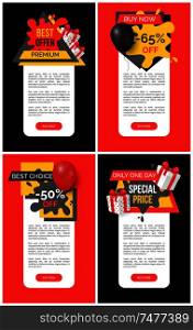 Buy now 65 percent discount, shop and store sale web site templates. Banner with text and inflatable balloon, commerce trading business promotion. Buy Now 65 Percent Discount, Shop Store Sale Icon