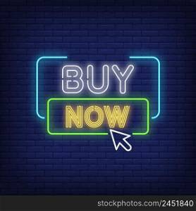 Buy now neon sign. Online store buttons on brick wall background. Vector illustration in neon style for banners, posters, ads