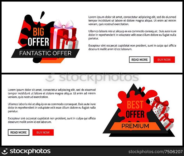 Buy now on discount, shopping and store sale vector web site templates. Banner with text and gift boxes, commerce trading business promotion labels. Buy Now on Discount Shopping and Store Sale Vector