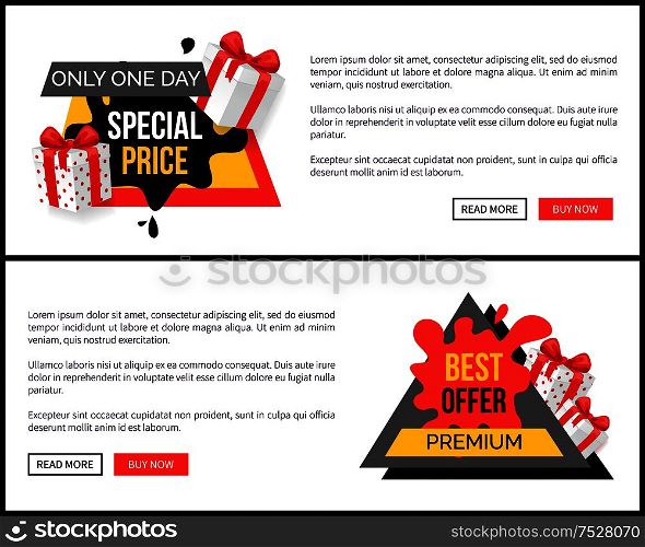 Buy now on discount, shopping and store sale vector web site templates. Banner with text and gift boxes, commerce trading business promotion labels. Buy Now on Discount Shopping and Store Sale Vector