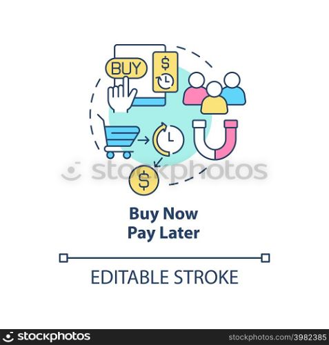 Buy now pay later concept icon. Credit for consumers. Retail strategy trends abstract idea thin line illustration. Isolated outline drawing. Editable stroke. Arial, Myriad Pro-Bold fonts used. Buy now pay later concept icon