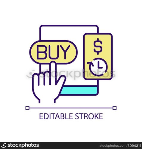 Buy now pay later service RGB color icon. Easily online shopping. Offer to attract consumers. Isolated vector illustration. Simple filled line drawing. Editable stroke. Arial font used. Buy now pay later service RGB color icon