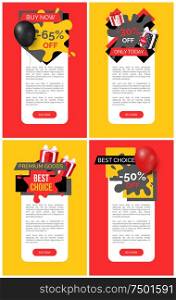 Buy now, special offer promo labels with price reduction info web site templates. Blot and ribbons with text, inflatable balloon, clearance and promotion. Best Choice Sale on Products, Gifts and Balloons