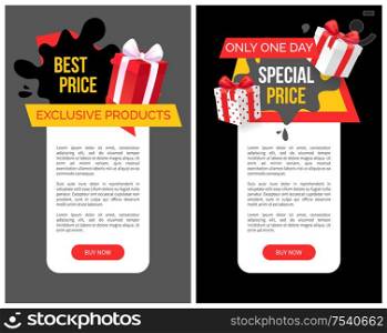 Buy now with discount, shopping concept, sale at store vector web site template. Banner with text, gift boxes, commerce trading business promotion. Buy Now with Discount, Shopping Concept Sale Store