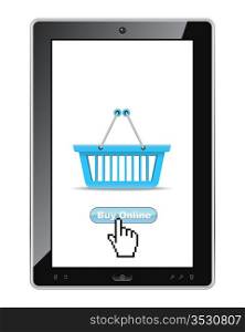 Buy online button on tablet pc realistic vector illustration.