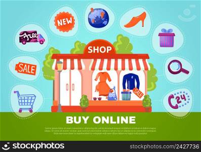 Buy online poster with shop showcase in centre and search sale basket delivery flat icons around vector illustration. Buy Online Poster