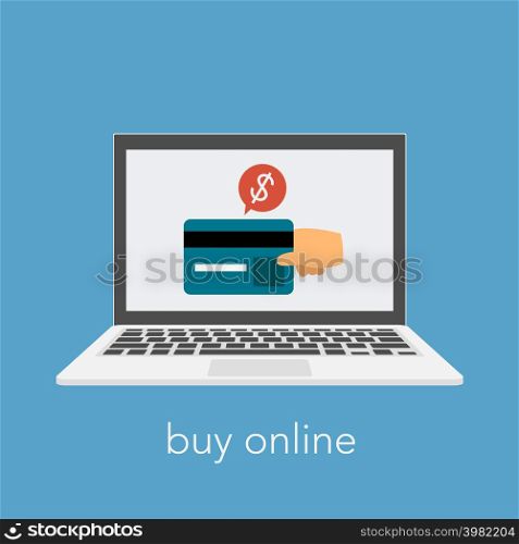 Buy online slogan with laptop and credit card. A hand making payment. Vector Illustration . Buy online slogan with laptop and credit card. A hand making payment