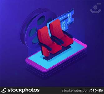 Buy or order cinema tickets online with smartphone, movie comfortable seats. Buying tickets online, e-commerce shopping , internet booking concept. Ultraviolet neon vector isometric 3D illustration.. Buying tickets online isometric 3D concept illustration.