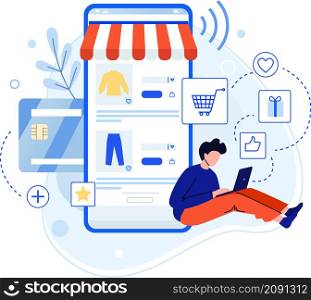 Buy purchase in internet shop, read review and buying. Online application commerce, technology e-commerce to marketing for mobile store, vector illustration. Buy purchase in internet shop, read review and buying