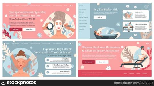 Buy spa voucher for gift, web banner set with offer. Special certificate for beauty experiences, salon landing page collection, vector illustration. Color template website page with woman character. Buy spa voucher for gift, web banner set with offer