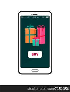 Buy text on smartphone with gift boxes, wrapped presents on electronic device, vector mobile phone push button, e-commerce web page design isolated. Buy Button on Smartphone with Gift Boxes, Wrapped