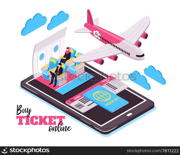 Buy ticket online and travel by airplane isometric design concept with flying plane passengers and big smartphone vector illustration