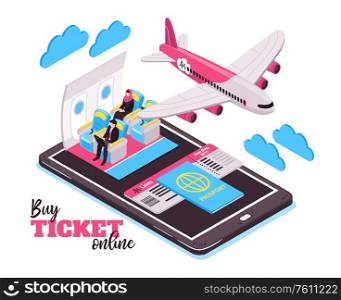 Buy ticket online and travel by airplane isometric design concept with flying plane passengers and big smartphone vector illustration