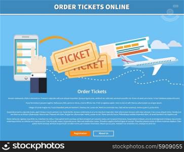 Buy ticket online concept. Online ticket ordering. Mobile phone and airplane. Banner with text and buttons registration and about us. Order Tickets Online