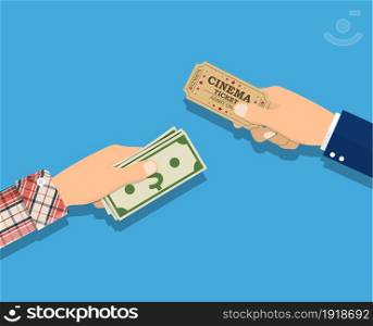 Buy tickets. People holding ticket, money in hands. Sale purchase transaction. Vector illustration in flat style. People holding ticket, money in hands.