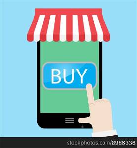 Buy using a smartphone. Buy now button and order now, sale and buy button. Vector illustration. Buy using a smartphone