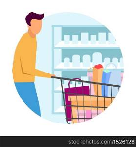 Buyer at supermarket flat concept icon. Man doing purchases at grocery store sticker. Customer with shopping cart buying products, goods at mall. Isolated cartoon illustration on white background