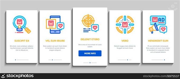 Buyer Customer Journey Onboarding Mobile App Page Screen Vector. Customer Research And Want Buy Goods, Online Shopping App And Order Delivery, Support And Review Illustrations. Buyer Customer Journey Onboarding Elements Icons Set Vector