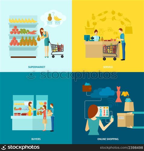 Buyer design concept set with supermarket and online shopping service flat icons isolated vector illustration. Buyer Flat Icons Set