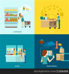 Buyer design concept set with supermarket and online shopping service flat icons isolated vector illustration. Buyer Flat Icons Set