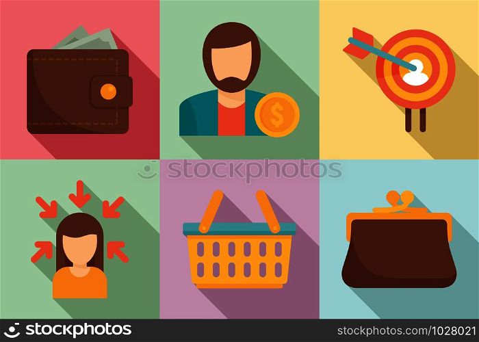 Buyer icons set. Flat set of buyer vector icons for web design. Buyer icons set, flat style
