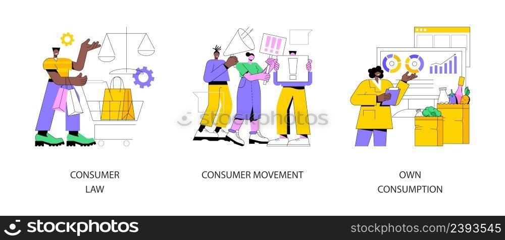 Buyer interests and habits abstract concept vector illustration set. Consumer law and rights protection, household consumption of food and beverages, goods and services, compliance abstract metaphor.. Buyer interests and habits abstract concept vector illustrations.