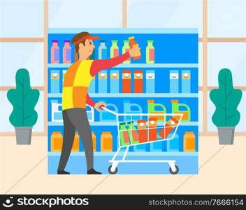 Buyer man choosing products in supermarket, bottle and pack on shelf. Male character with cart, retail symbol, person buying in hypermarket, store vector. Man in Grocery Store with Cart, Shopping Vector