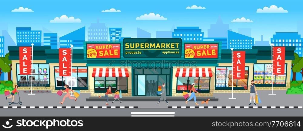 Buyers are going out of the store with purchases in their hands. Supermarket sales and discounts. Women with bags in the shopping cart. The girl walking the dog. A group of people rushing to the sale. Buyers run out of the store with purchases. Supermarket sales and discounts. People go shopping