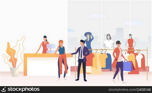 Buyers choosing and buying clothes in shop. Fashion outlet, boutique concept. Vector illustration can be used for topics like business, shopping, sale