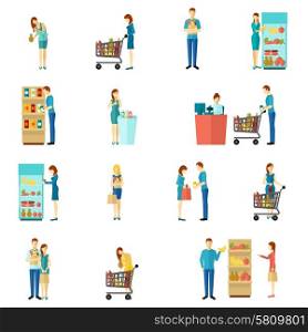 Buyers Flat Icon Set. Buyers and customers people man and woman shopping choice flat color icon set isolated vector illustration