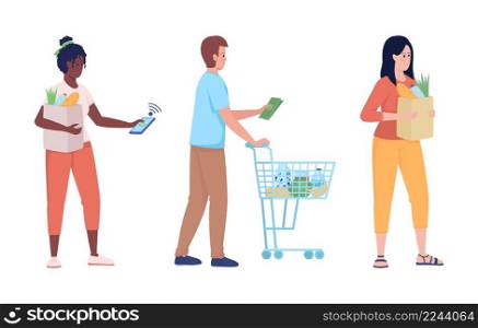 Buyers in queue semi flat color vector characters. Waiting figures. Full body people on white. Common situations isolated modern cartoon style illustration for graphic design and animation. Buyers in queue semi flat color vector characters