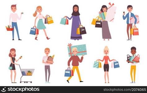 Buyers. Retail supermarket buyers with shopping bags shopaholic persons nowaday vector characters. Buyer with bag in retail, shopper illustration. Buyers. Retail supermarket buyers with shopping bags shopaholic persons nowaday vector characters