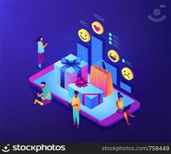 Buyers with digital devices choose and rate gifts online and presents on smartphone. Online gift review, customer review, best gift offer concept. Ultraviolet neon vector isometric 3D illustration.. Online gift review isometric 3D concept illustration.