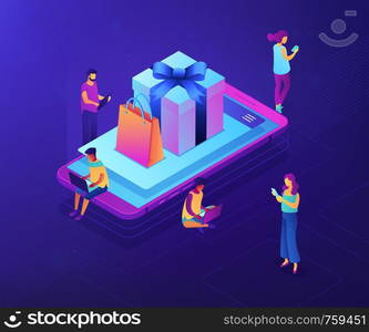 Buyers with digital devices shopping with mobile app at smartphone with gifts. Mobile store app, gift-buying application, mobile gift shop concept. Ultraviolet neon vector isometric 3D illustration.. Mobile store app isometric 3D concept illustration.