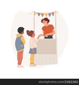 Buying a ticket isolated cartoon vector illustration Child buying ticket at a booth, carnival entrance, school fair, summer celebration, paying money, community festival vector cartoon.. Buying a ticket isolated cartoon vector illustration